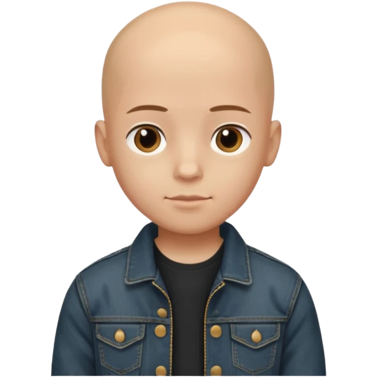  a young boy with bald head, black jeans jacket, plain forehead emoji