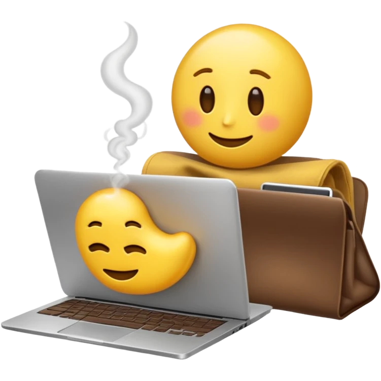 slouching emoji resting next to a steaming coffee and a laptop, conveying a lazy work vibe emoji