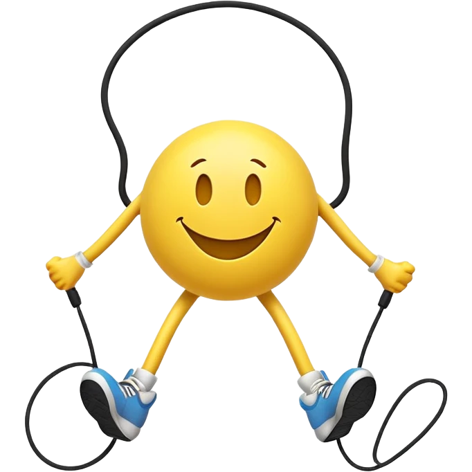 smiley face character jumping rope, energetic pose emoji