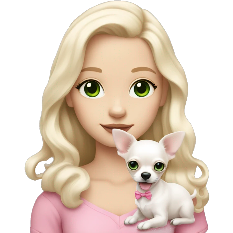 pale blond girl with wavy long platinum hair with green eyes holding a white chihuahua puppy that wearing a pink bow emoji