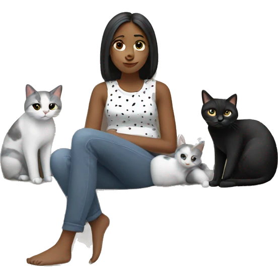 A girl chilling in the sofa with two cats one black and the other white with gray spots emoji