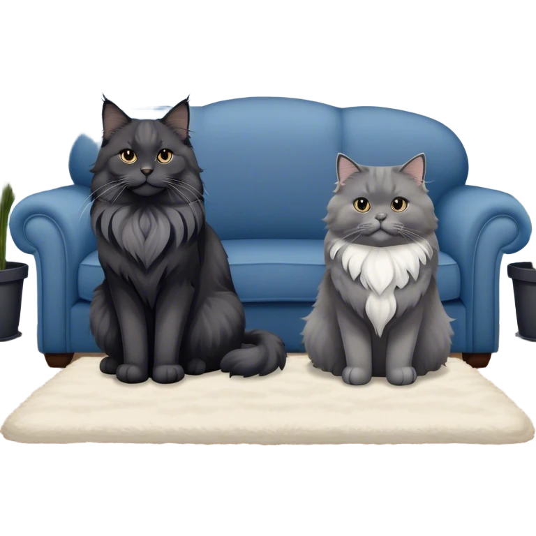 A large black smoke Maine Coon cat with long grey ear tufts and a fluffy grey ruff, sitting next to a chubby British Shorthair cat in blue color with plush fur, both sitting comfortably on a sofa. Beautiful room background with flowers and soft lighting. Transparent background. emoji