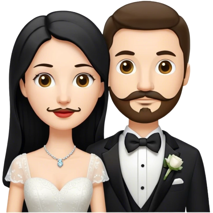 couple, a white woman with long black hair, and a white man with short brown hair goatee mustache, wedding emoji