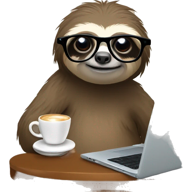 tired sloth wearing glasses with laptop and espresso tonic emoji