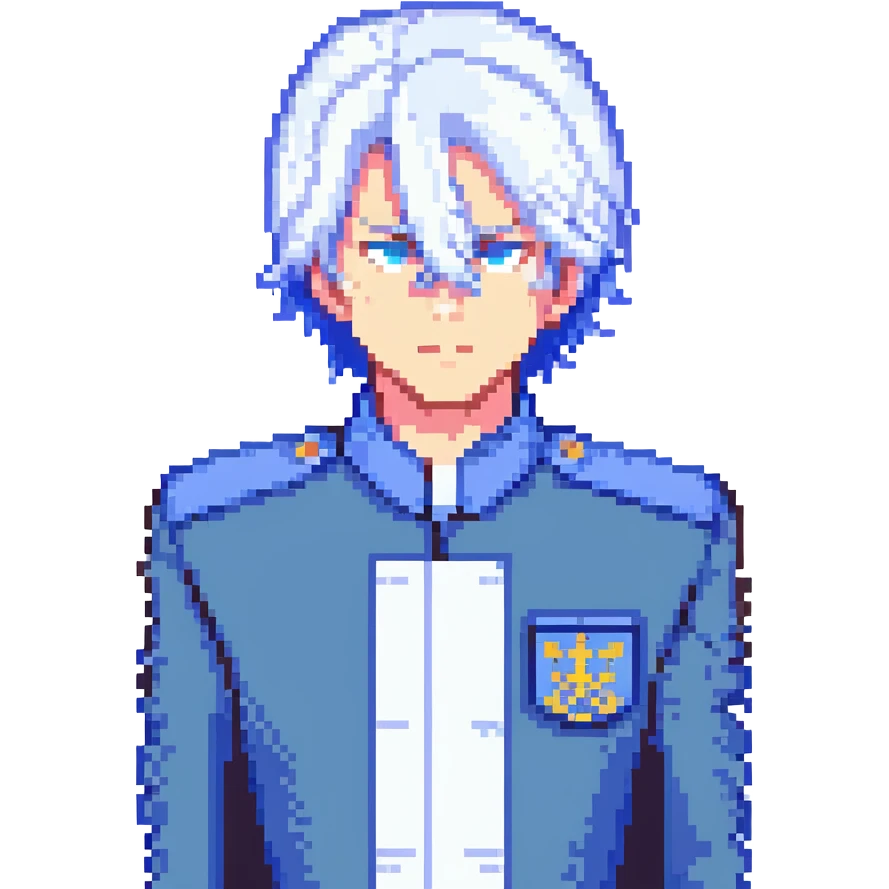 Satoru Gojo, white hair, no blindfold, blue uniform, pixel art style emoji
