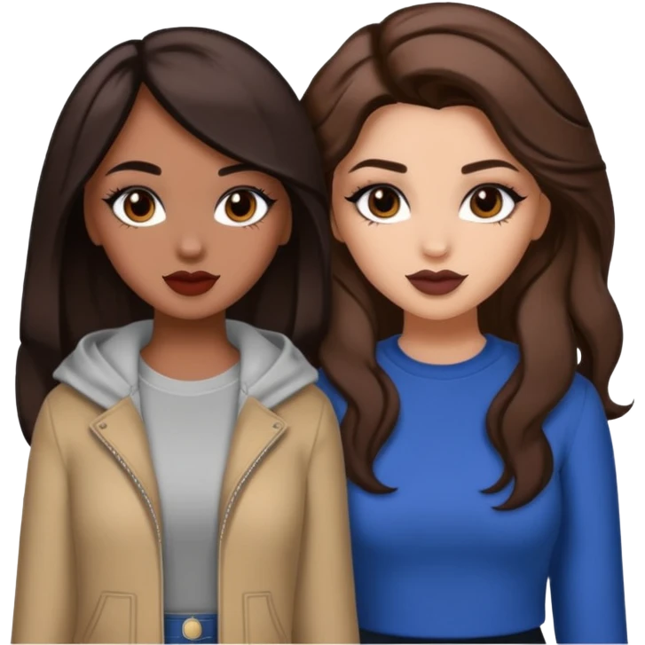 Boujy baddie best friends, trendy heavy makeup both dark hair one light skinned and one mocha brown pretty hair style  emoji