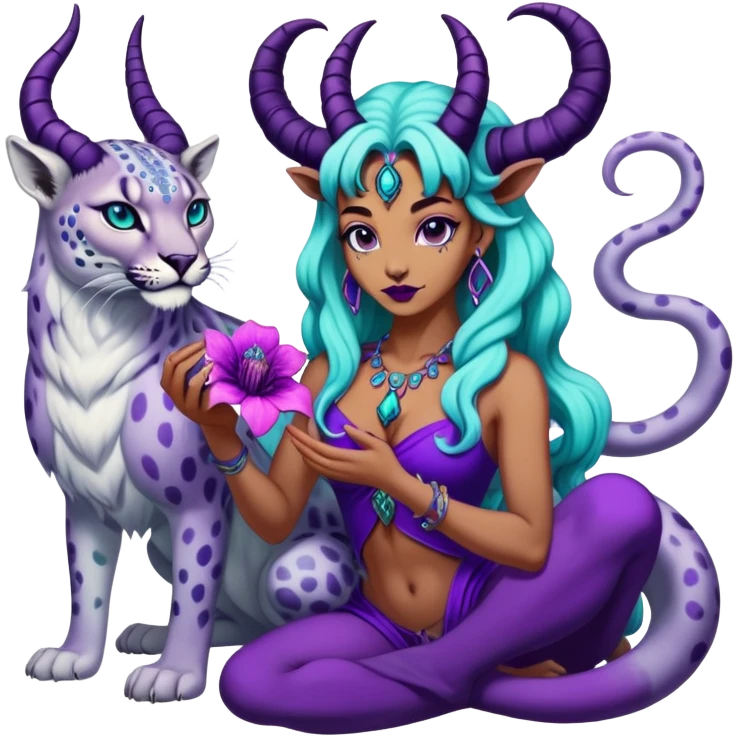 Feminine Scorpio Baphomet standing among trippy purple and teal mushrooms.. she’s petting a snow leopard  and holding a scorpion  emoji