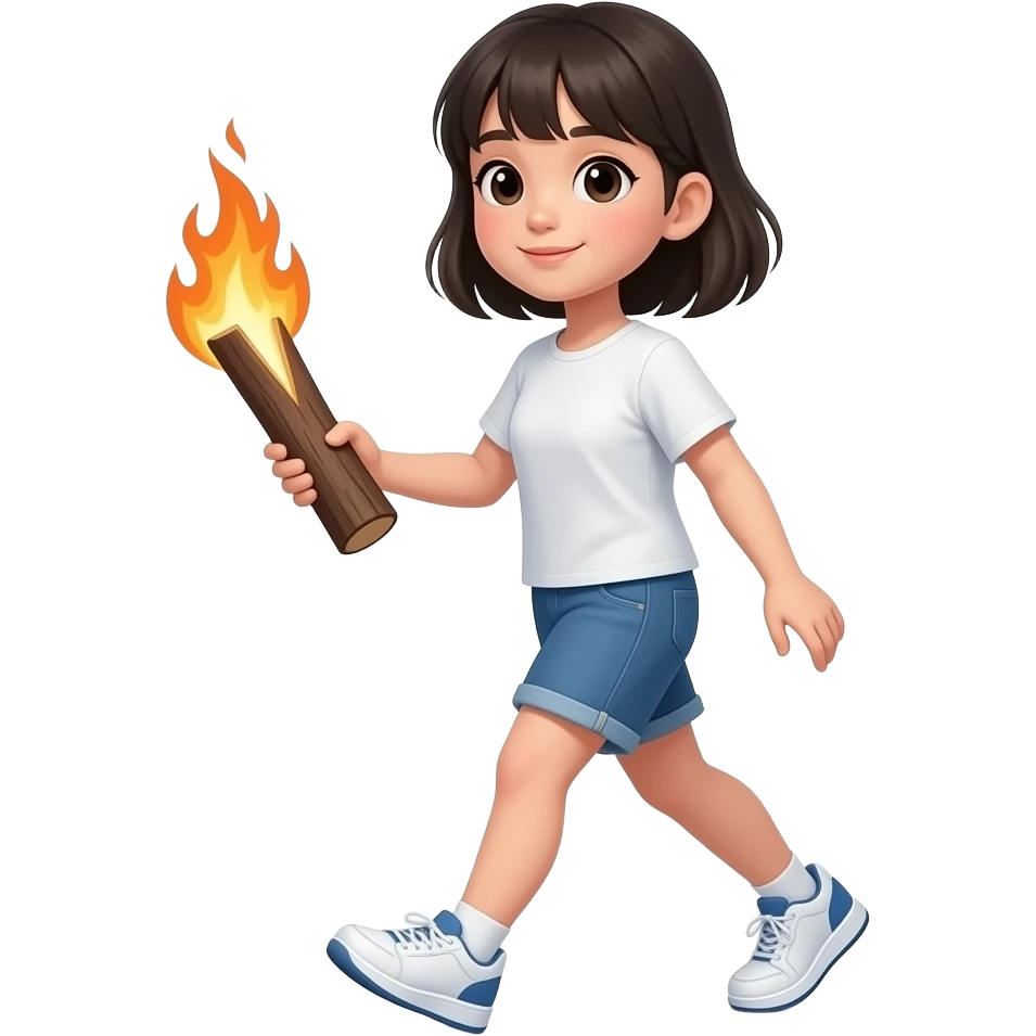 modern day asian girl walking with a burning piece of wood emoji