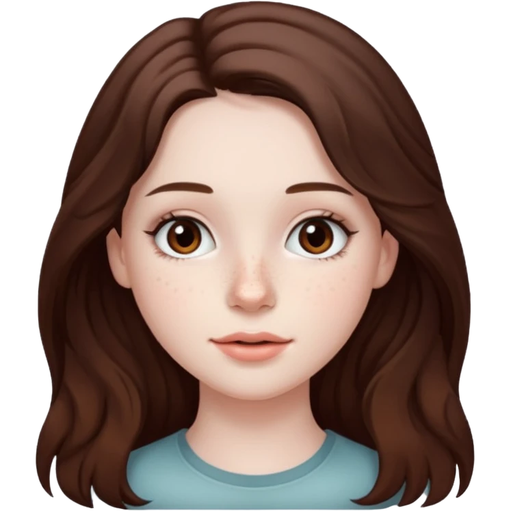 20 year old woman with pale skin, lots of dark freckles, rosy cheeks, and long straight/wavy brunnette hair. emoji