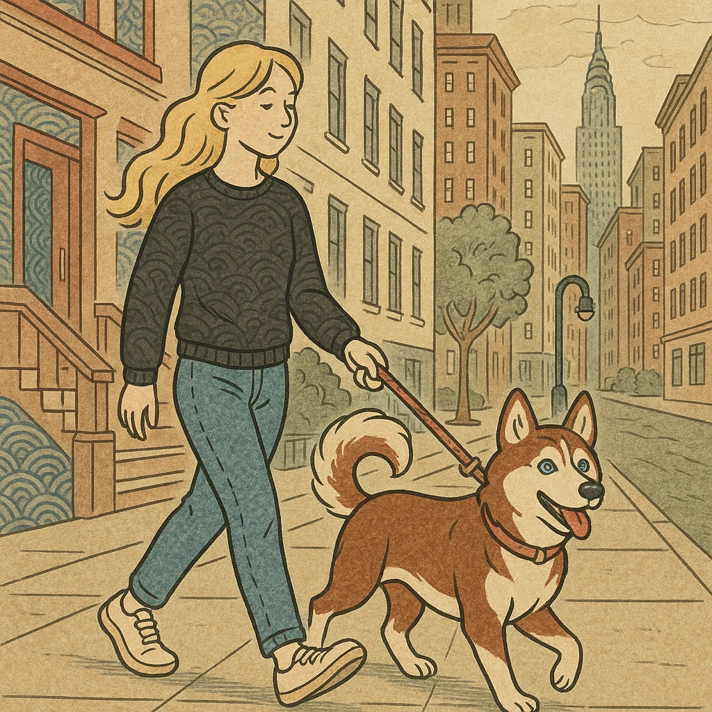Cute Blonde woman wearing a black sweater and jeans and white sneakers walking a happy red-brown blue-eyed Siberian husky in New York City on an upper east side city sidewalk  emoji