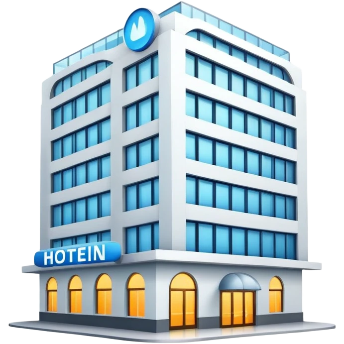 multi-story hotel building with many windows and glowing entrance sign emoji