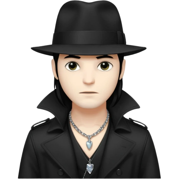 Male Goth with Fedora
 Sleek long hair, white skin, black trench coat, silver necklace visible under coat emoji