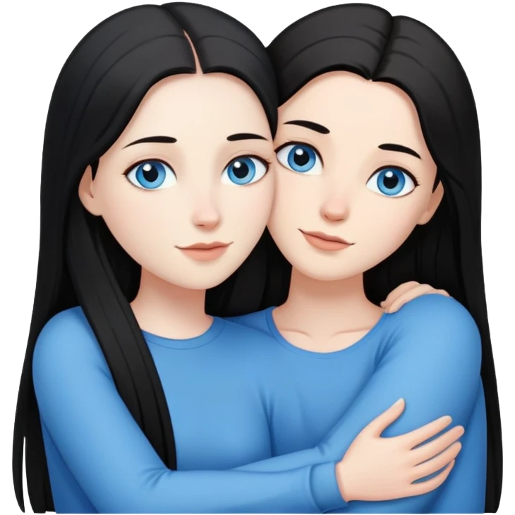 Lesbian couple with white skin. One with long straight black hair. One with long straight brown hair. Both with blue eyes. In a loving embrace emoji