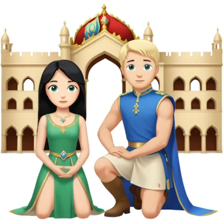 Man as king, black Hair, blue eyes, woman, blonde, green eyes, shott white sleveless Dress, kneeling, background palace emoji