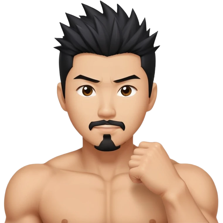 Korean Asian handsome man with black spiky hair goatee and flexing emoji