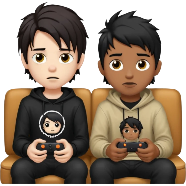 pale Goth boy with a bunch of face piercings, with shaggy dark brown hair, next to a Carmel  skin gamer boy with long black hair , they are watching tv together  emoji