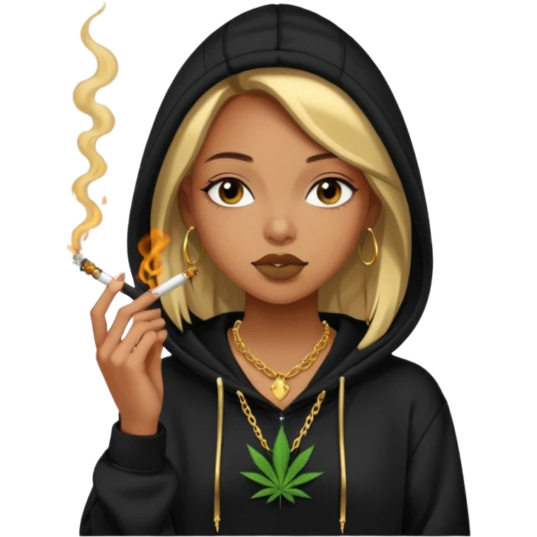 A girl wearing a black oversized hoodie with a gold necklace  smoking weed￼ emoji