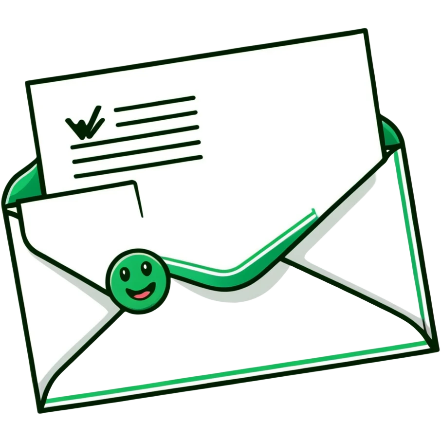 Minimalist Maya-inspired emoji showing happy face receiving a letter, white and deep green only, flat design, clean lines emoji