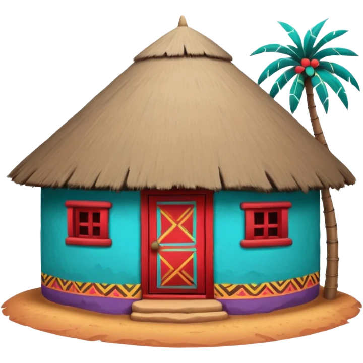 African mud hut tribal house, round adobe clay hut, thatched roof, bright colorful paint, walls in turquoise, red, yellow, purple, tribal patterns, cute mobile game icon, 3D cartoon, soft shadows, clean background, no text, no watermark emoji