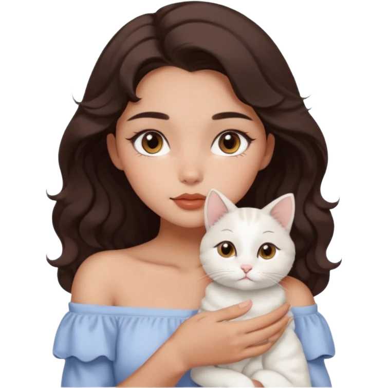 aesthetic girl, warm tan skin, dark brown doe eyes, soft arched brows, round face, off-shoulder 2b wavy hair, full lips, holding a white cat, gentle expression emoji