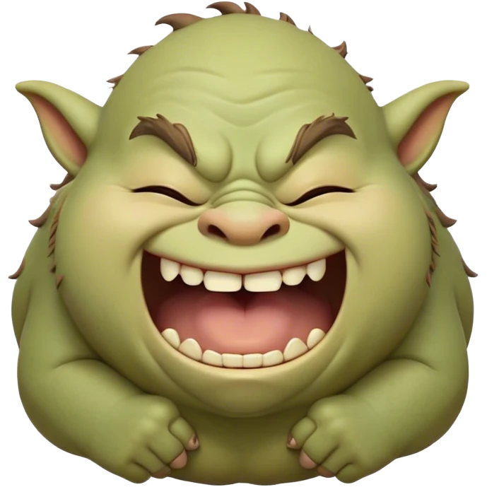 Cinematic Cute Yawning Ogre Portrait Emoji, with a surprisingly cuddly, rotund figure in soft earthy greens and browns, head tilted back in a big, gentle yawn exposing a set of comically oversized teeth, simplified yet irresistibly adorable, highly detailed with a soft glowing outline that captures the sleepy charm of a friendly ogre after a long day of gentle mischief! emoji