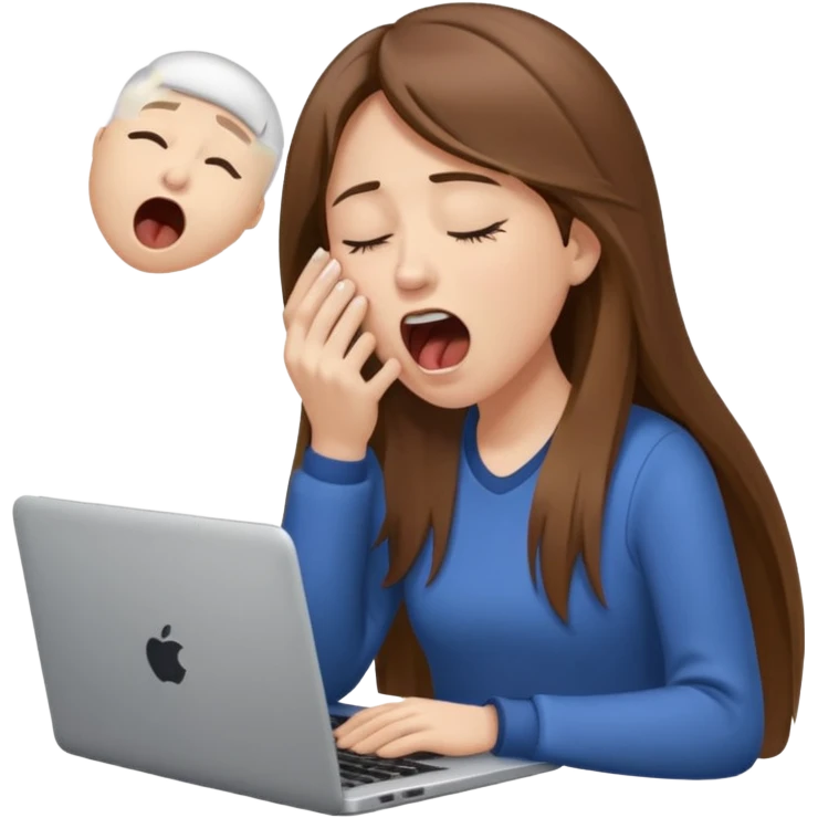 brown hair woman with long straighrt hair holding laptop and yawning from tiredness. looking tired emoji