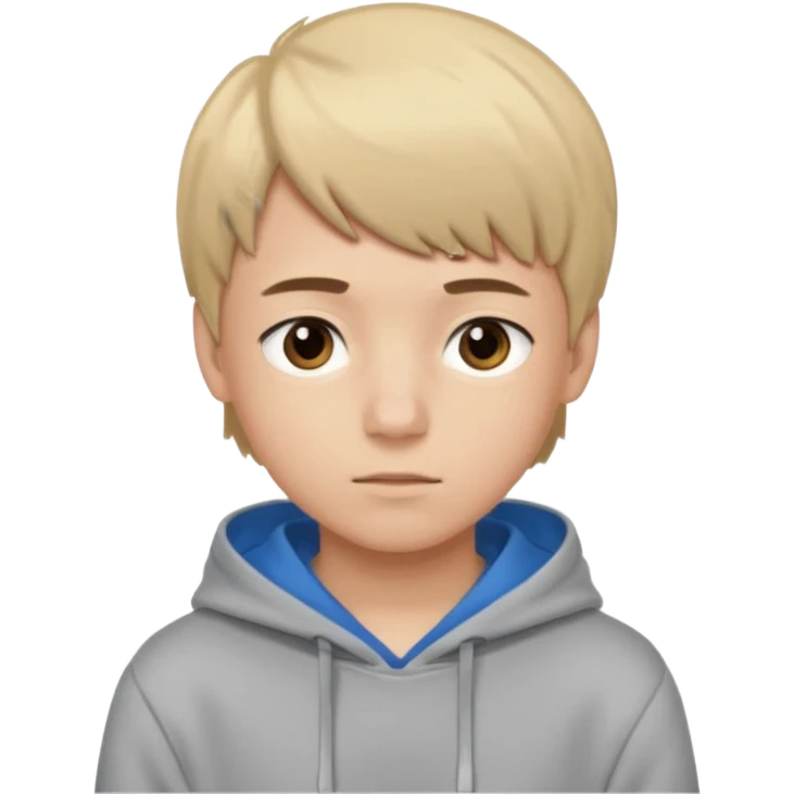 Teen boy with blue eyes mixed with a little Brown eyes and a Grey hoodie who stands up with blond short hair and short bangs emoji