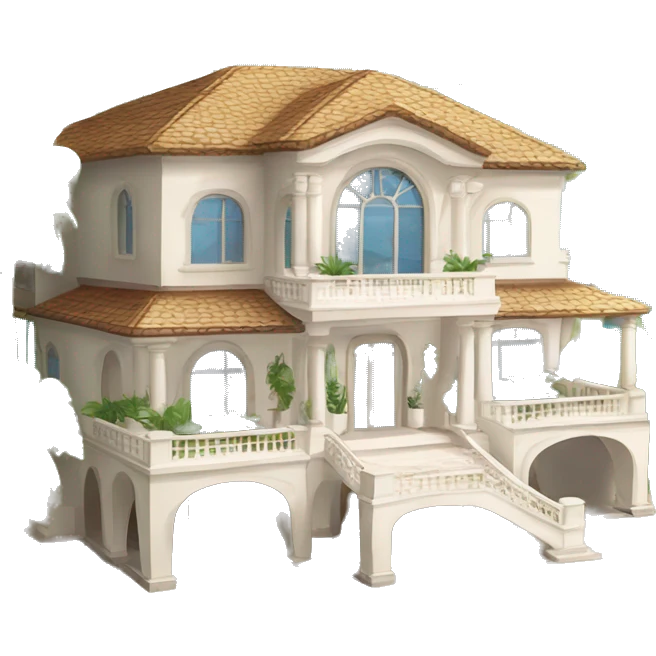 A luxurious beach mansion. Surrounded by palm trees. Located on a pristine white sand beach. The mansion should look grand and opulent, with large windows and possibly a balcony or terrace. emoji