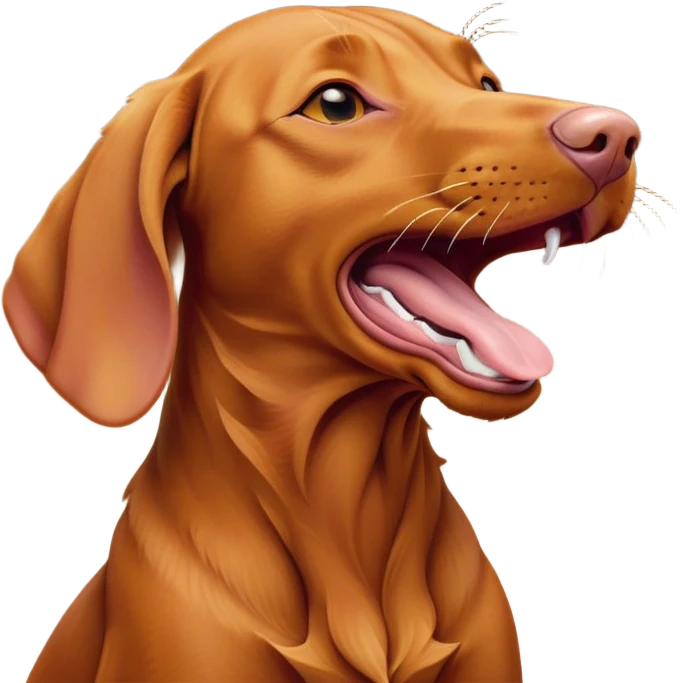 Cinematic Cute Yawning Vizsla Portrait Emoji, Head tilted slightly with a dramatic, wide-open yawn, showcasing a smooth rust and gold Fur with a subtle shimmer, floppy ears slightly drooping, round amber eyes barely open in drowsy contentment, Simplified yet irresistibly adorable features, highly detailed, glowing with a soft, cozy glow, high shine, relaxed yet expressive, stylized with a touch of whimsy, bright and endearing, soft glowing outline, capturing the essence of a sleepy yet affectionate companion, so drowsy it feels like it could stretch out of the screen and curl up for a nap! emoji