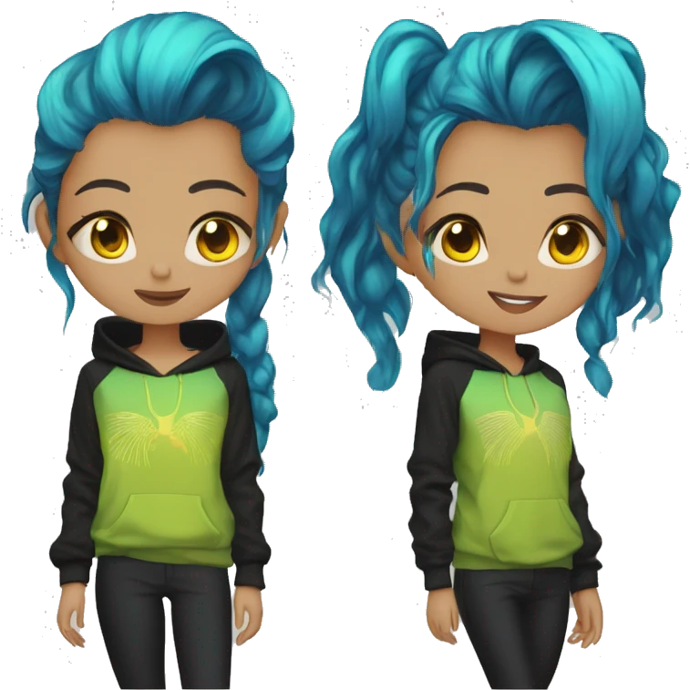 Lady with brunette and iridescent blue hair, gold, lime green dragon wings, black hoodie, bleach dyed, black and gold Nike t shirt, and bright red eyes emoji
