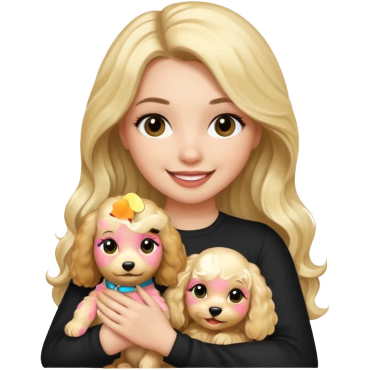 Make a girl with long black silky hair and makeup on be holding a blonde cocapoo emoji