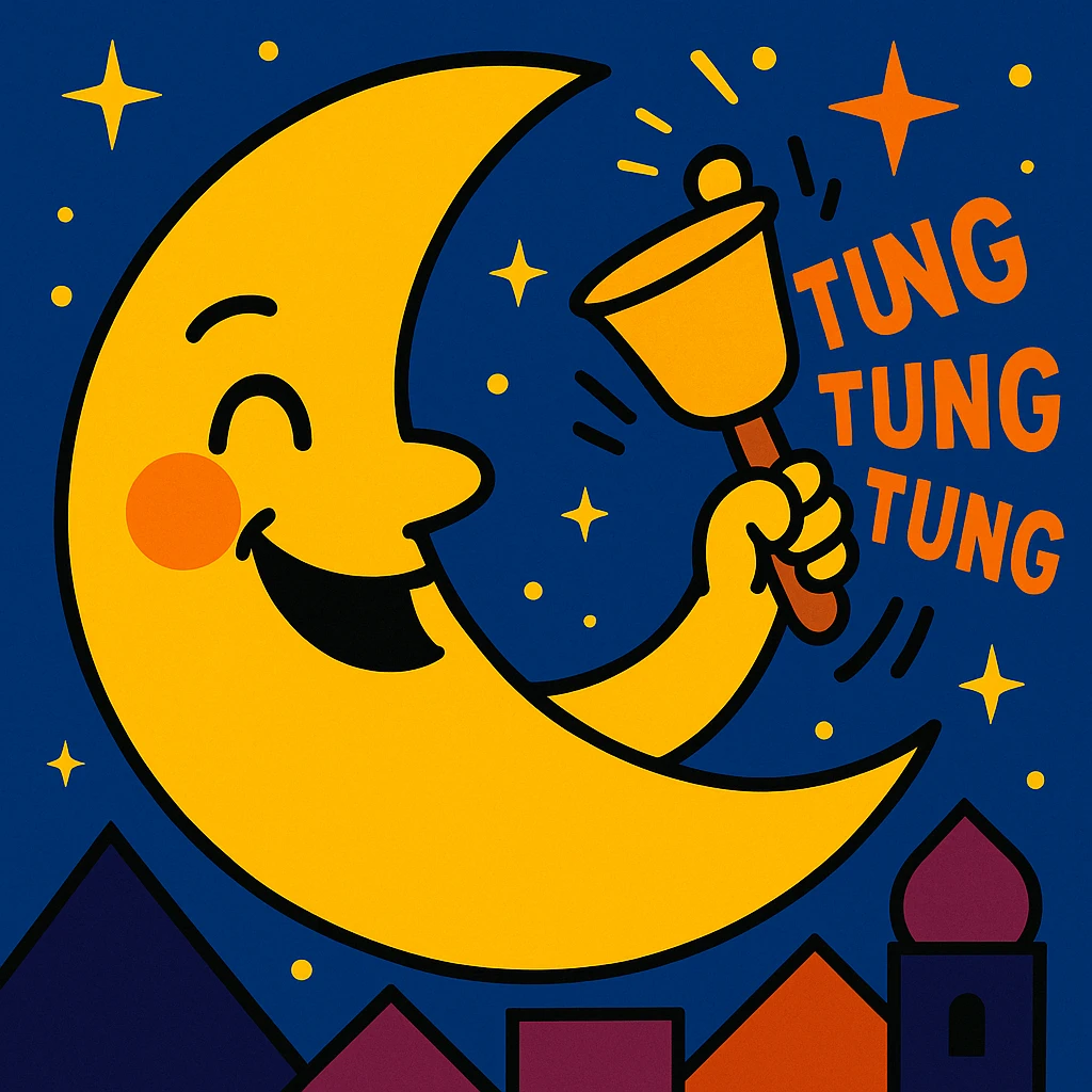 smiling crescent moon holding a bell with animated 'tung tung tung' sound lines, representing sahur announcement, fun and festive emoji