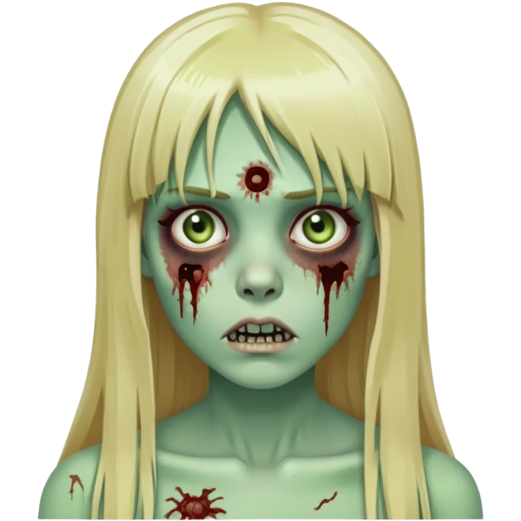 zombie girl with pale green skin, visible wounds, long blonde hair with straight bangs, dead eyes emoji