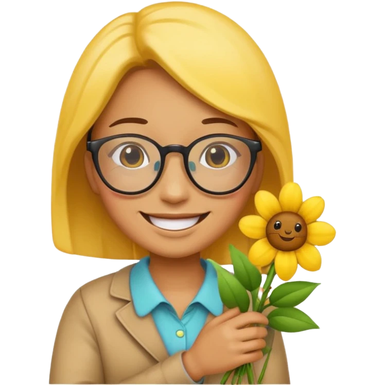 Create a yellow emoji holding flowers and wearing glasses with a joy expression emoji