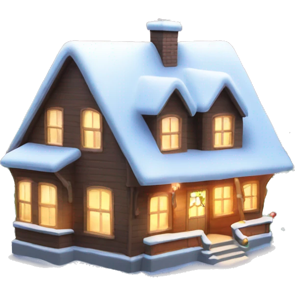House decorated Christmas, near Christmas tree, light from windows, snows emoji