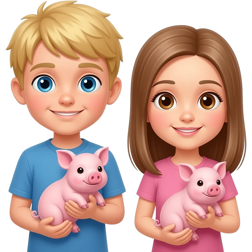 Make a boy with blonde hair and blue eyes and a girl with straight light brown hair with brown eyes hold a pig emoji