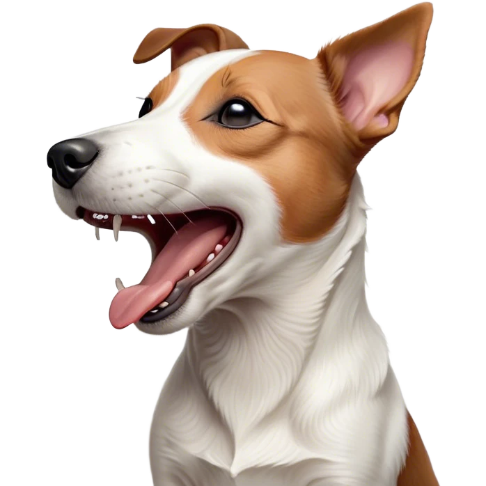 Cinematic Cute Yawning Jack Russell Terrier Portrait Emoji, Head tilted slightly with a dramatic, wide-open yawn, showcasing a compact, energetic form with floppy ears and sleepy, half-closed eyes, a slightly open mouth revealing gentle canine charm, Simplified yet irresistibly adorable features, highly detailed, glowing with a soft, cozy glow, high shine, relaxed yet expressive, stylized with a dash of whimsical canine ease, soft glowing outline, capturing the essence of a drowsy yet affectionate Jack Russell Terrier that appears ready to stretch out and yawn its way out of the screen! emoji