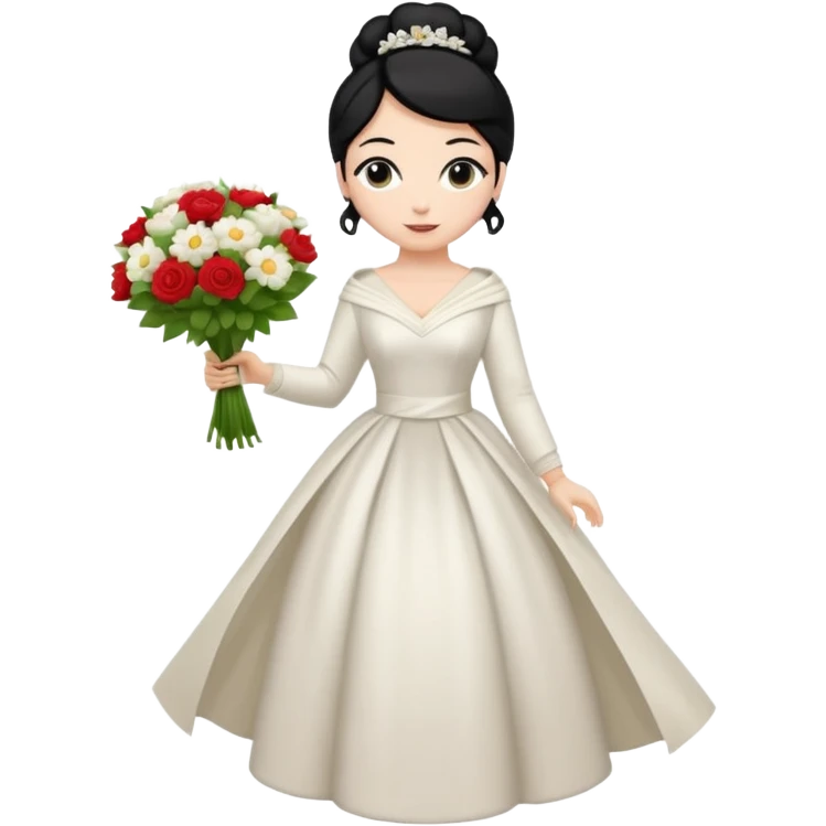 Chica blanca,cuerpo entero, vestido boda ,manga larga ,con estola, pelo negro,    ramo de flores una mano, pelo recogido en moño alto emoji