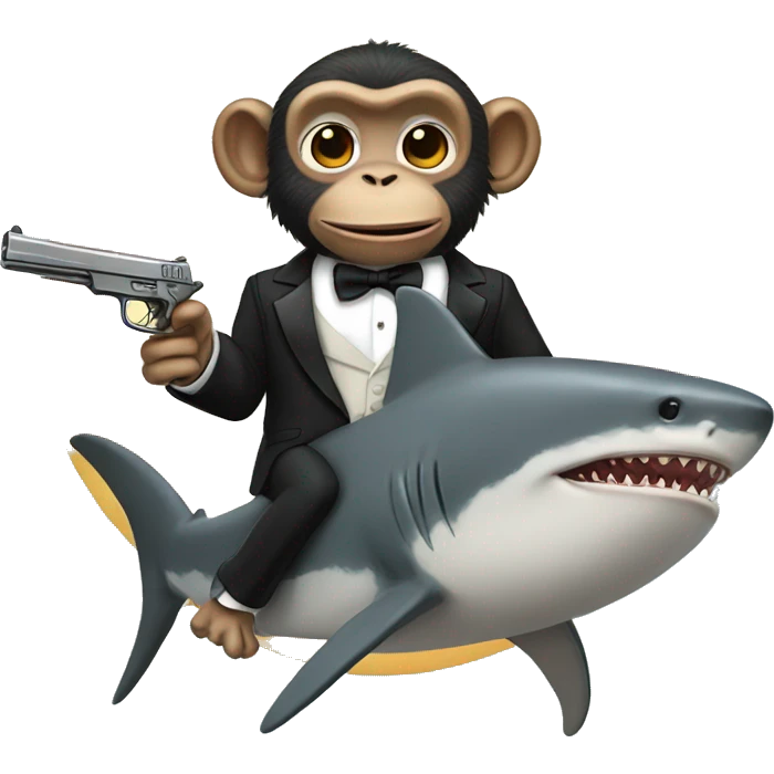 monkey riding a shark holding a gun wearing a tuxedo emoji