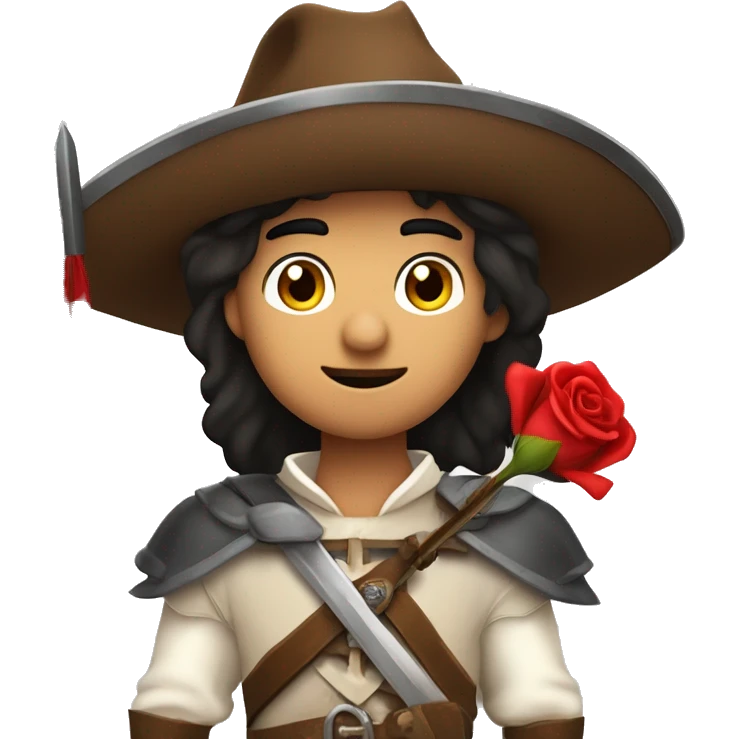 canela skin boy dark hair musketeer with hat and red rose shoulder medieval cape and sword and red feathers in the hat emoji