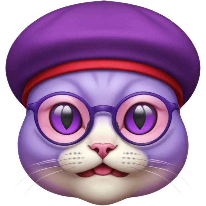purple alien cat with no fur, and spectacles and red hat emoji