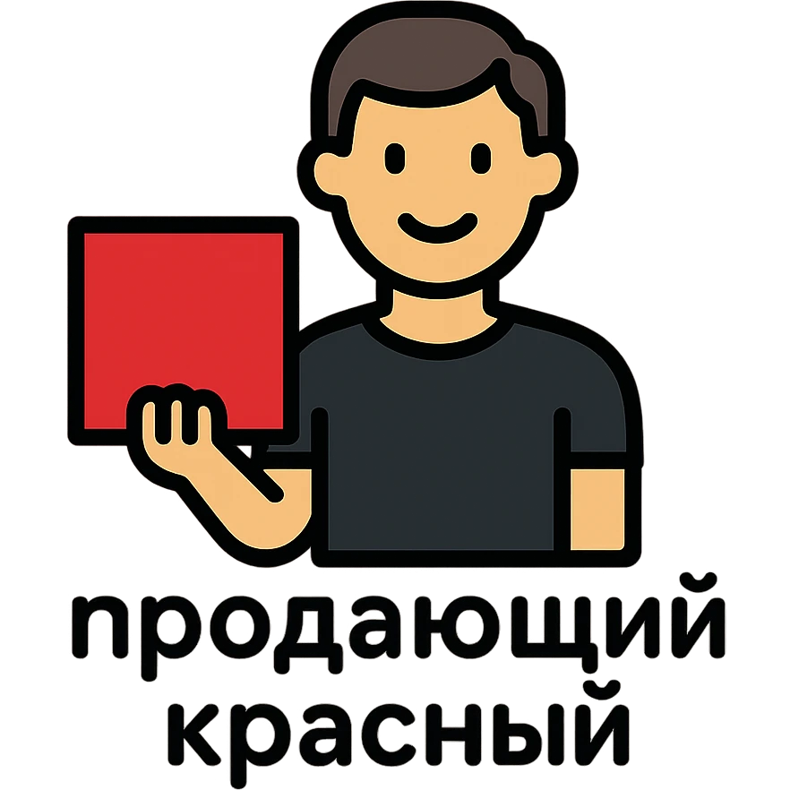 A man in a black t-shirt holding a red square, with the text "продающий красный" emoji