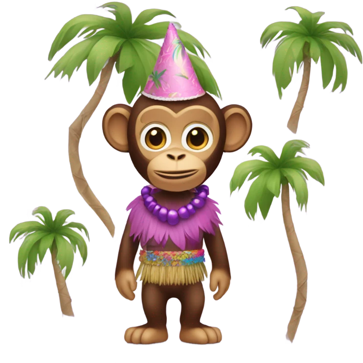 A monkey with a pink party hat and a purple BINKI top and a grass skirt emoji