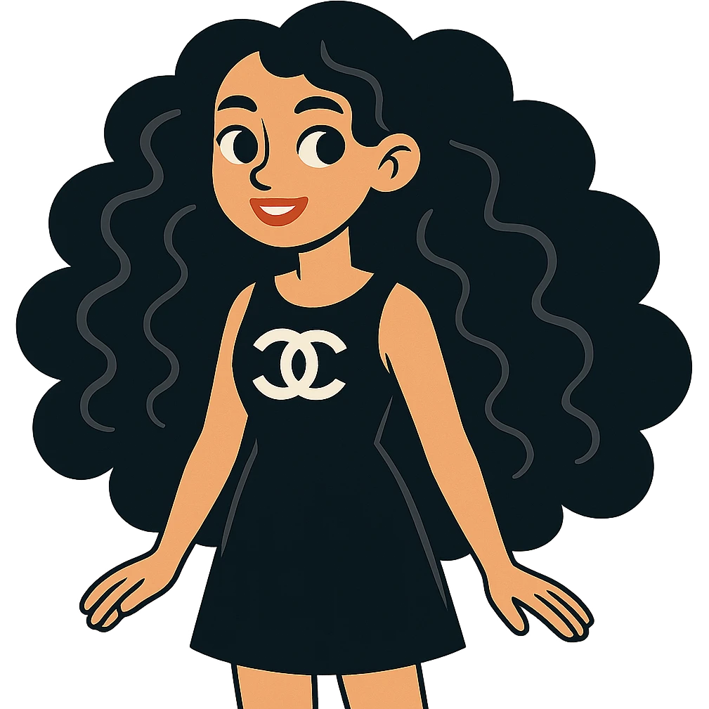 light skin girl with black very long curly hair, brown eyes, black Chanel dress, vibrant toon style emoji