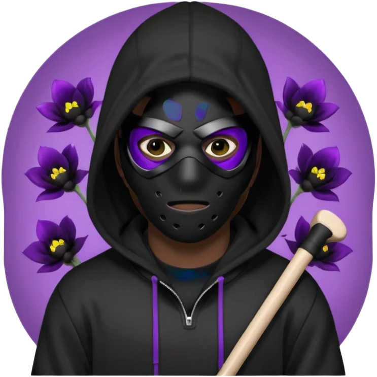 non human male cartoon character related to a shadow, all black skin, with all black clothes, focusing a black hoodie, and a black hockey mask covering his entire face, just his purple shadow eyes making a light bloom, no background emoji