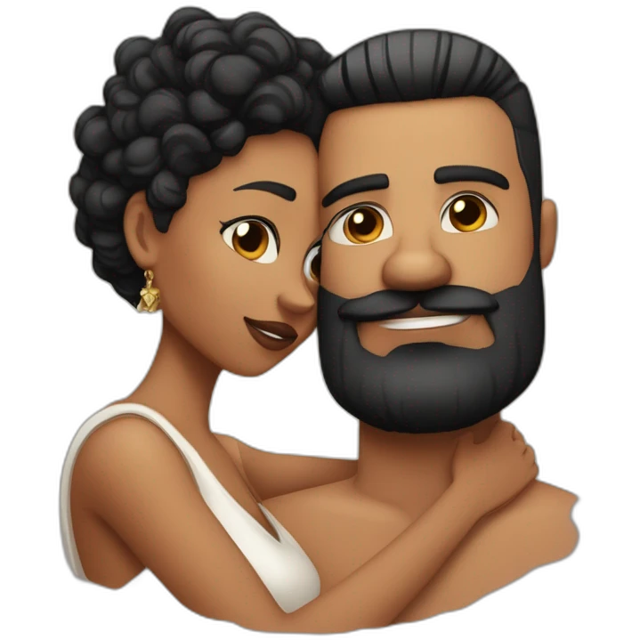 White latino man with shaved black hair and skin fade haircut , detailed moustache and beard, cuddling his black woman Wife  with super straight black hair and big earrings emoji
