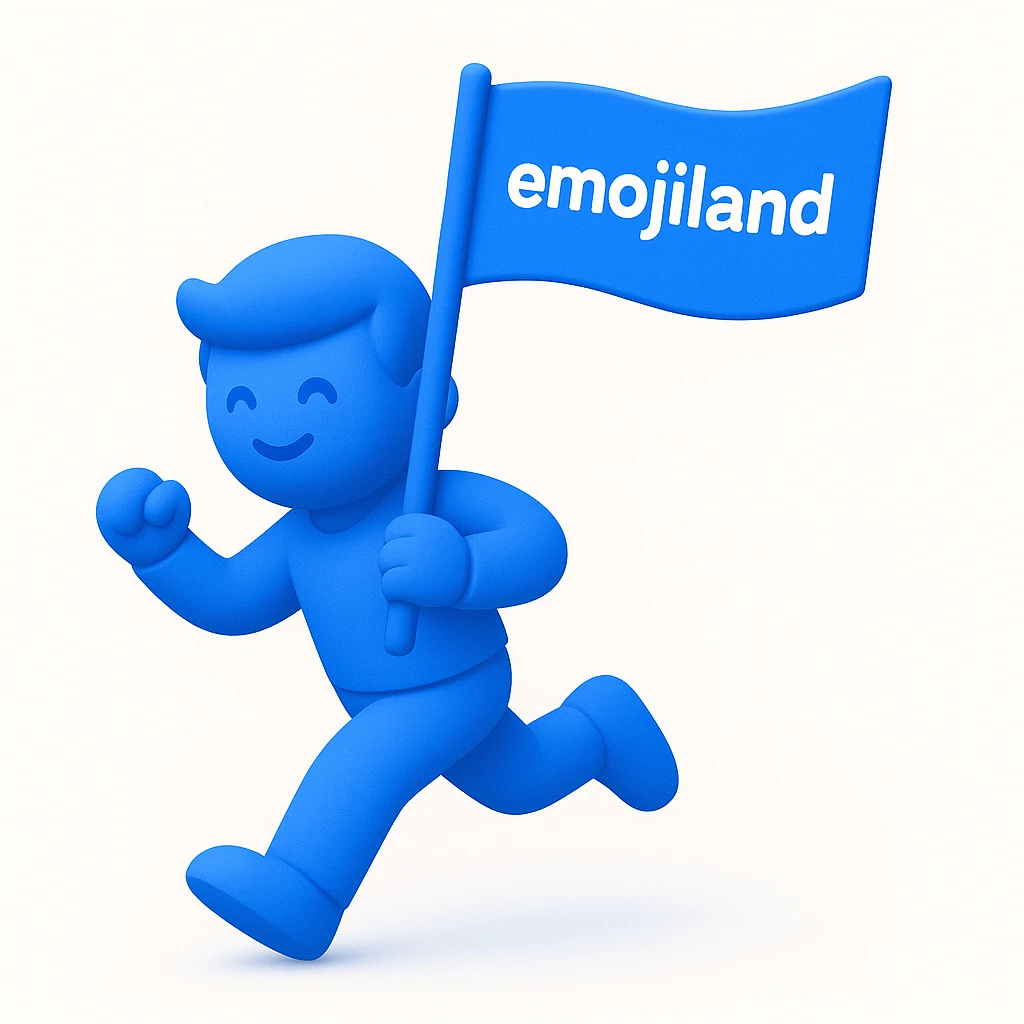 happy runner waving a flag that says 'emojiland' emoji