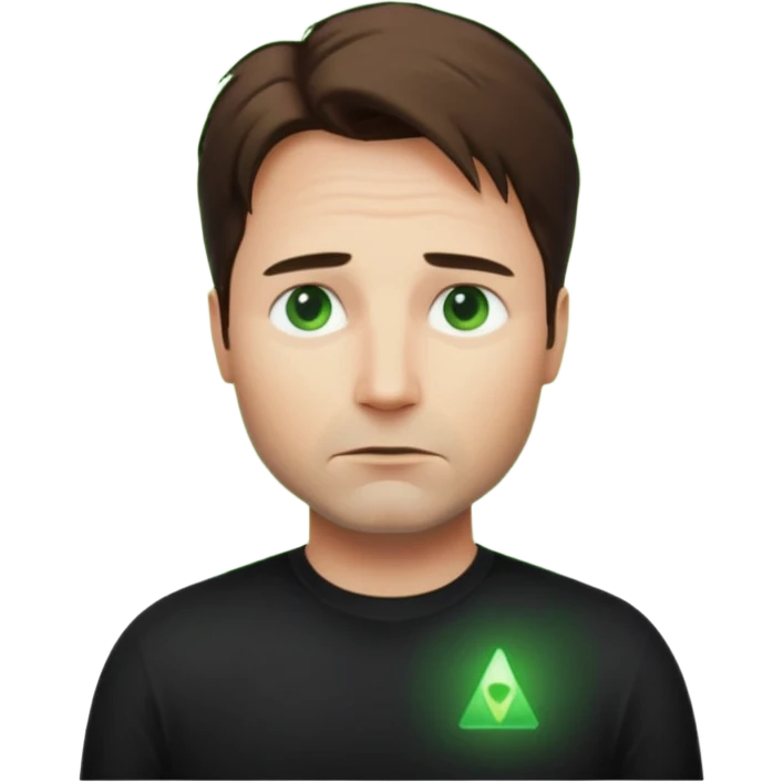Mulder from the x-files looking very very worried (not trusting anyone today) while wearing a dark t-shirt with no markings. A green beam of light from a UFO illuminates him emoji