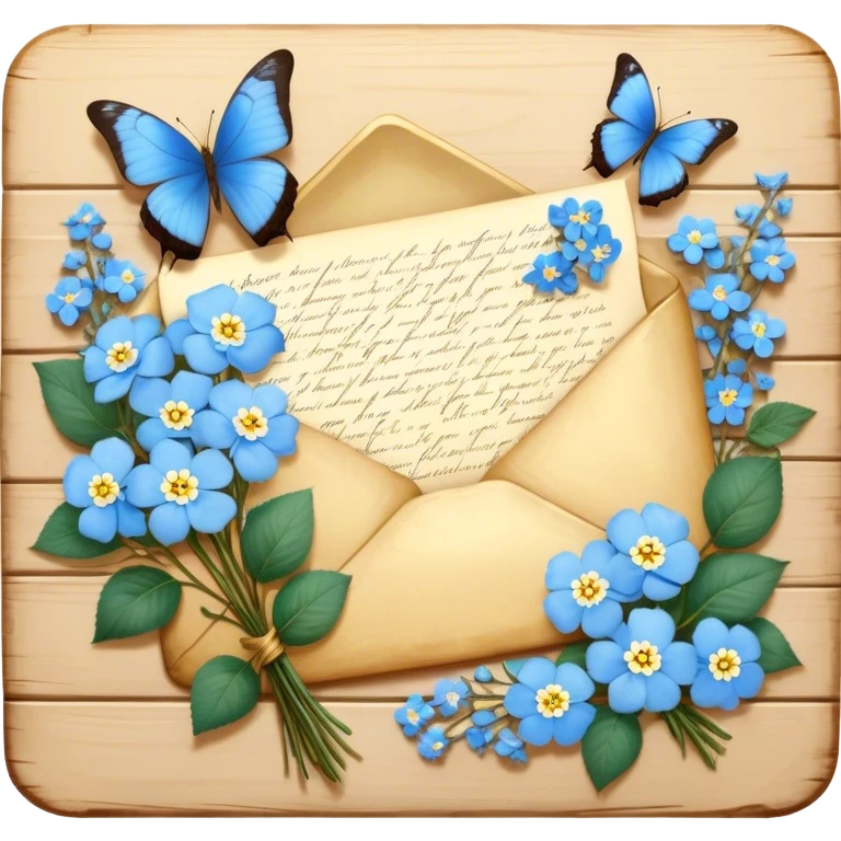 An intimate vignette of a golden wax-sealed letter placed on a vintage wooden desk, with a pair of blue butterflies hovering around a bouquet of soft ivory roses and baby blue forget-me-nots. emoji