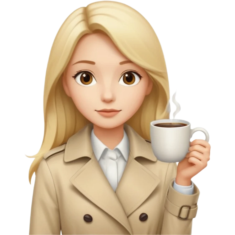 Cewe Kalem Kulit putih halus, rambut blonde panjang lurus rapi, belah samping. Pakai trench beige terang atau cream soff pegang kopi emoji